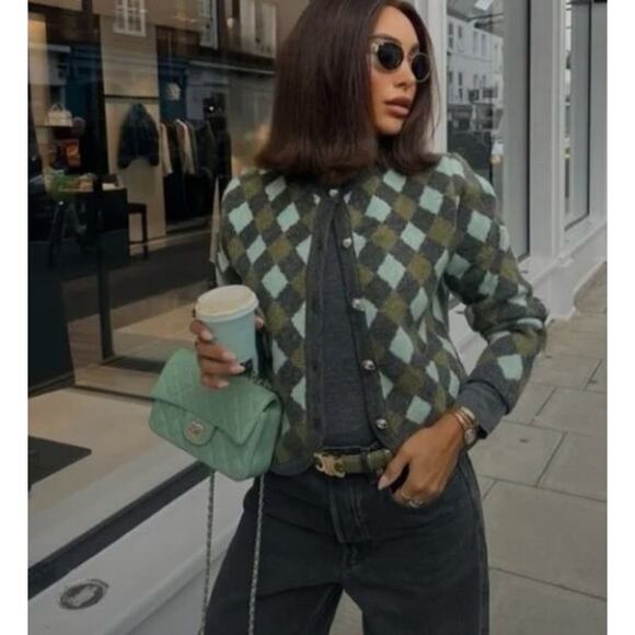 Zara Argyle Knit Jacquard Cardigan NWT Sz. S - Picture 1 of 5